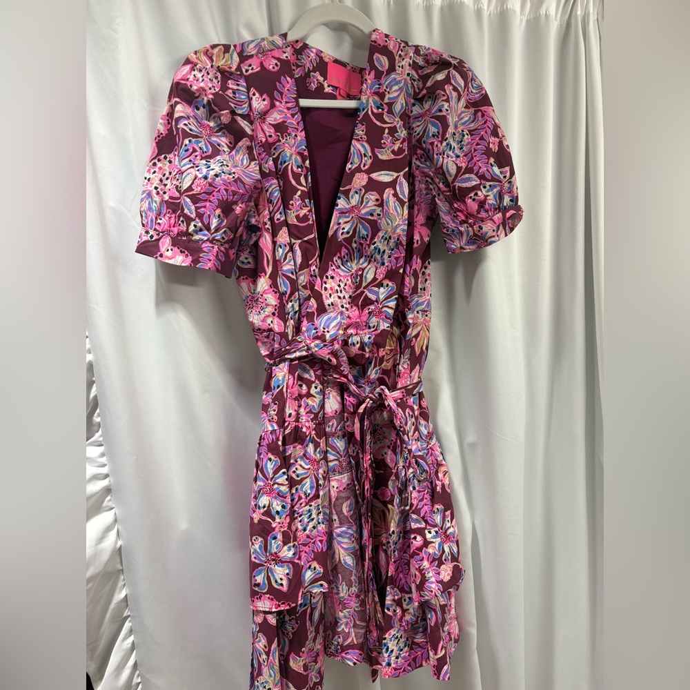 Floral Lilly Pulitzer Wrap Dress in Burgundy and Pink